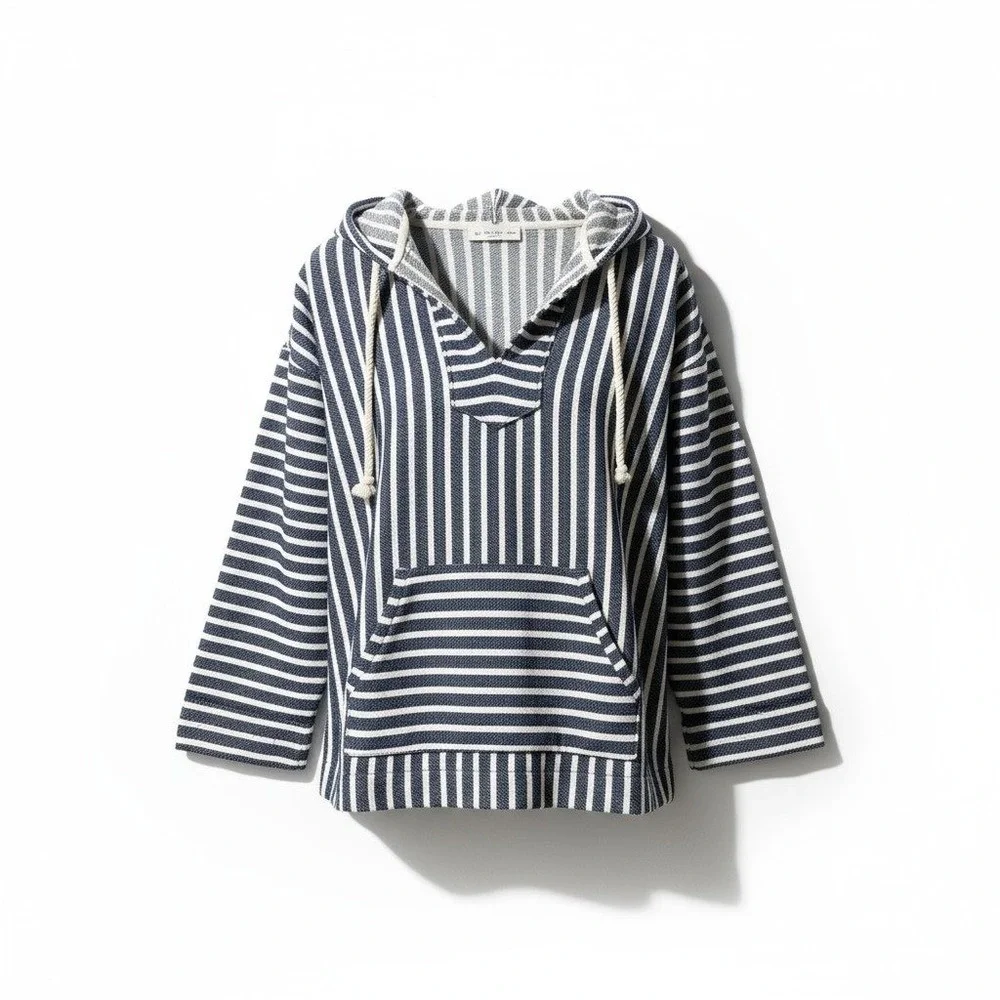 J. Crew Striped Hoodie‎ Pullover Blue White Drawstring V Neck Pouch Pocket XL